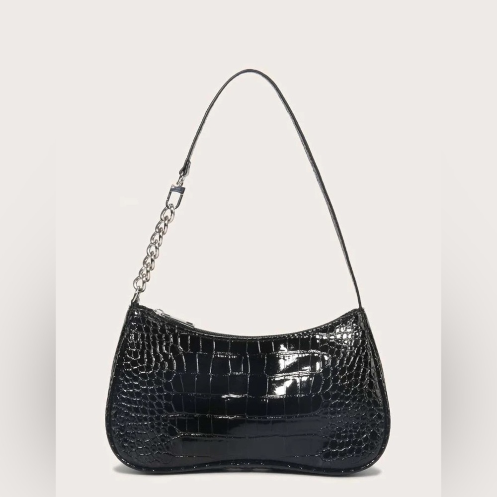 Black Leather Baguette Shoulder Purse